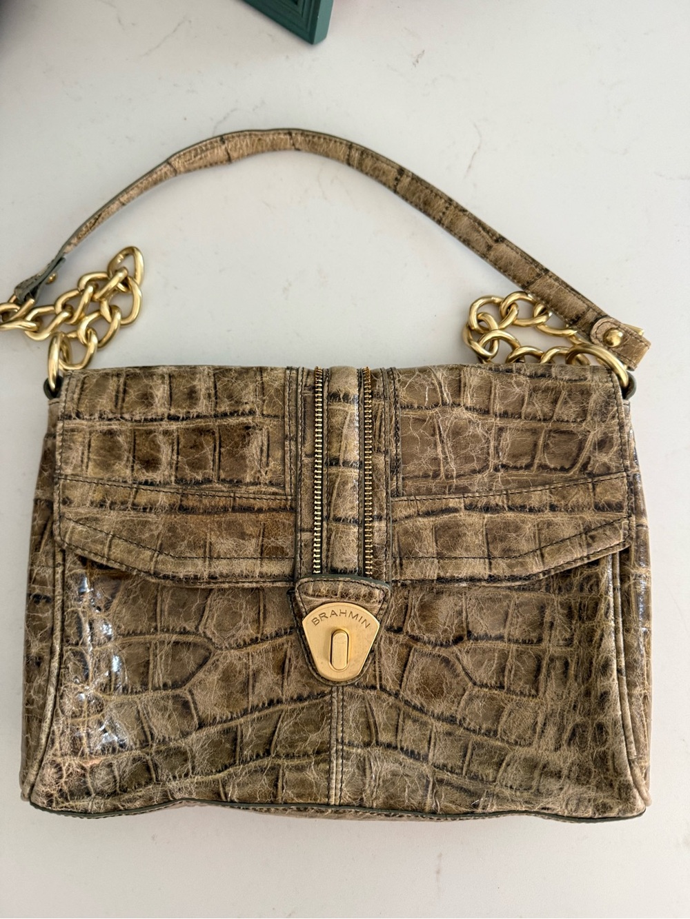 Brahmin Taupe Croc-Embossed Leather Shoulder Bag with Gold Chain